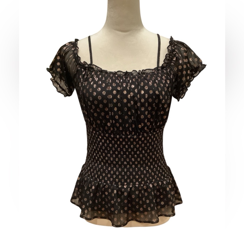 VENUS Black Peplum Polka Dot Smocked Top Size M